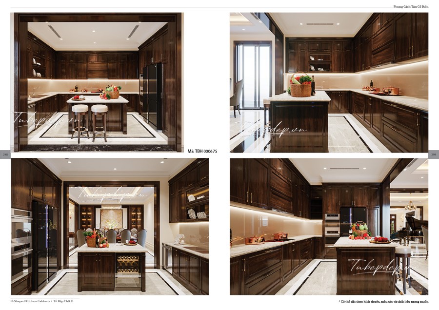 Thiết kế phòng bếp biệt thự tân cổ điển gỗ óc chó